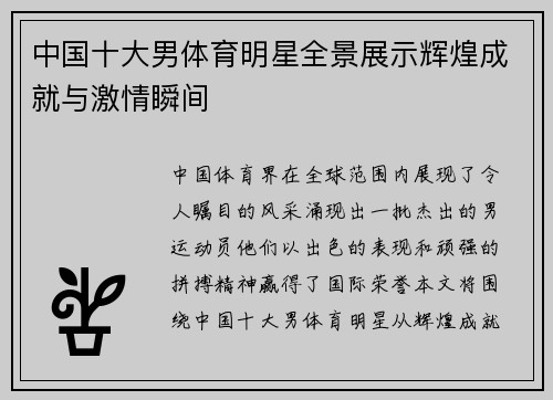 中国十大男体育明星全景展示辉煌成就与激情瞬间