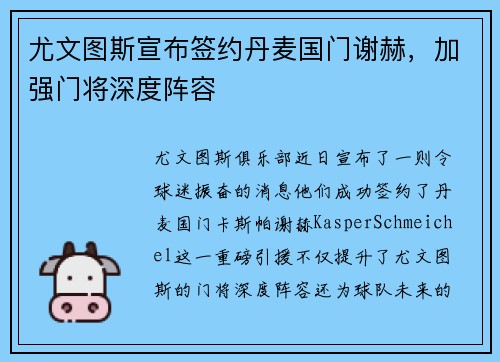 尤文图斯宣布签约丹麦国门谢赫，加强门将深度阵容
